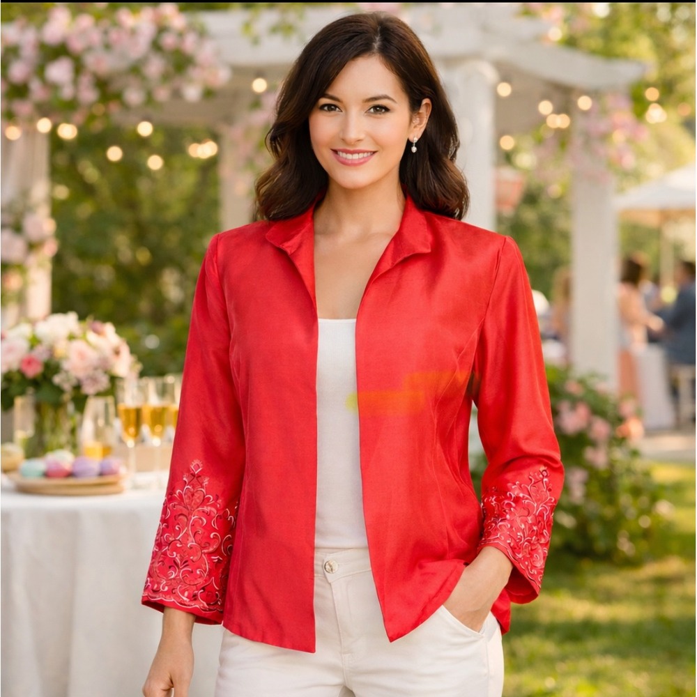 Drapers & Damons Women 100% Silk Formal Jacket Petite Size MP Sequin Coral Event